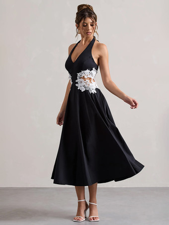 イブニングドレス Aラインデザインネックラインポリエステルティーレングスレースフォーマルパーティードレス