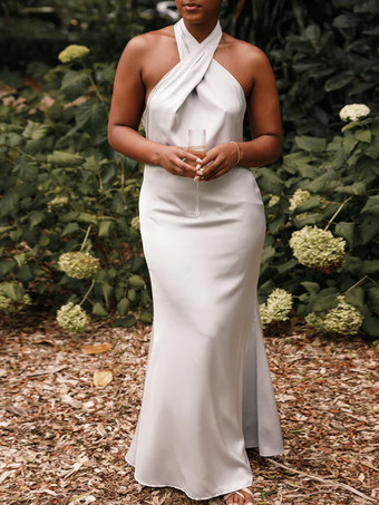 アイボリーブライズメイドドレス 伸縮性のあるシルクのようなサテンのボールガウン フロアレングスのウェディングパーティードレス