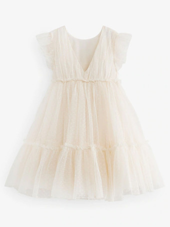 ホワイトフラワーガールドレス アイボリーチュール 半袖 ジュエルネック フラワーガールドレス