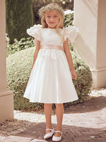 White Flower Girl Dresses Ivory Polyester Short Sleeves Jewel Neck Flower Girl Dresses