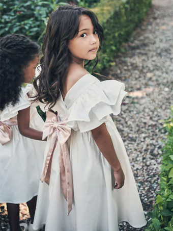 ホワイトフラワーガールドレス アイボリーポリエステル 半袖 ジュエルネック フラワーガールドレス