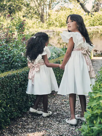 ホワイトフラワーガールドレス アイボリーポリエステル 半袖 ジュエルネック フラワーガールドレス