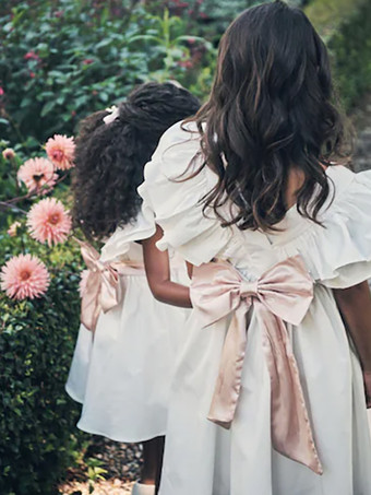 ホワイトフラワーガールドレス アイボリーポリエステル 半袖 ジュエルネック フラワーガールドレス