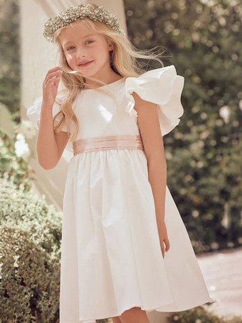 ホワイトフラワーガールドレス アイボリーポリエステル 半袖 ジュエルネック フラワーガールドレス