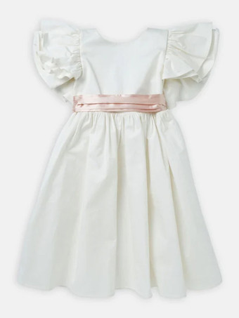 ホワイトフラワーガールドレス アイボリーポリエステル 半袖 ジュエルネック フラワーガールドレス