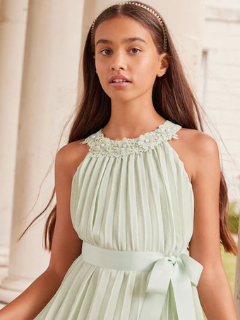 ウェディング フラワーガールドレス 特別な日のドレス パステルグリーン ノースリーブ プリーツ