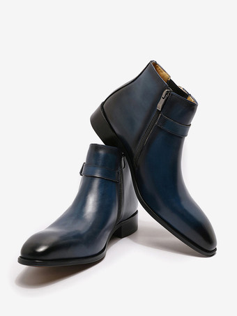 Men's Boots Chelsea Boots Blue Cowhide Round Toe Buckled Dress Boots