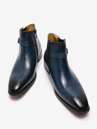 Men's Boots Chelsea Boots Blue Cowhide Round Toe Buckled Dress Boots