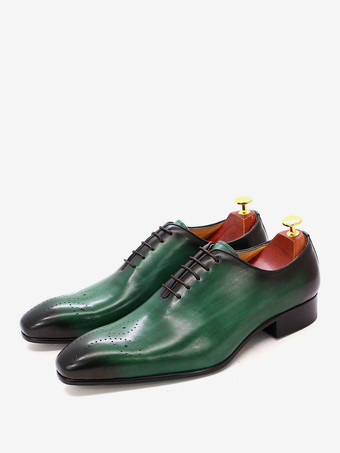 グリーン メンズドレスシューズ オックスフォードシューズ 高品質ラウンドトゥ 牛革 プロム ウェディングシューズ