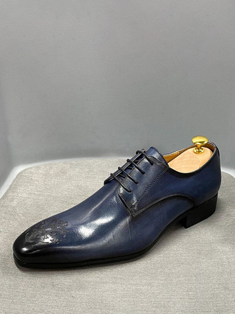 ブルー 男性用ドレスシューズ モダンなラウンドトゥ 牛革 プロム ウェディングシューズ