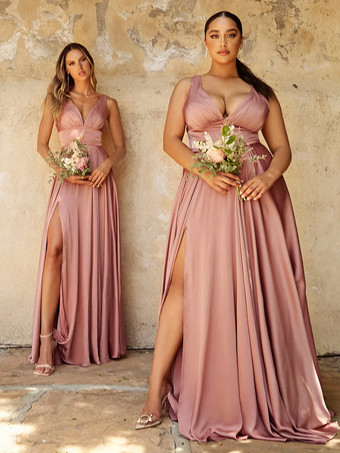 カメオピンクブライズメイドドレス 伸縮性のあるシルクのようなサテンのマーメイドフロアレングスのプロムドレス