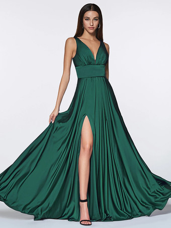 ダークグリーンブライズメイドドレス 伸縮性のあるシルクのようなサテンのマーメイドフロアレングスのプロムドレス
