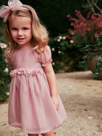 ウェディング フラワーガールドレス 特別な日のドレス ソフトピンク 半袖 花