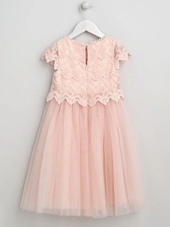 ウェディング フラワーガールドレス 特別な日のドレス ソフトピンク 半袖 レース