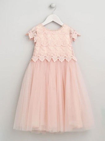 ウェディング フラワーガールドレス 特別な日のドレス ソフトピンク 半袖 レース