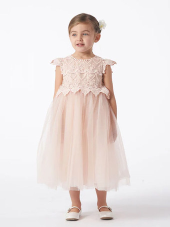 ウェディング フラワーガールドレス 特別な日のドレス ソフトピンク 半袖 レース
