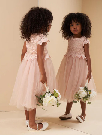 ソフトピンクウェディング フラワーガールドレス 特別な日のドレス ソフトピンク 半袖 レース