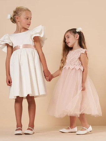 Wedding Flower Girl Dresses Special Occasion Dresses Soft Pink Short Sleeves Lace