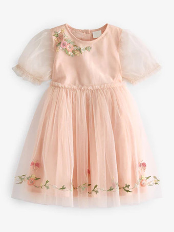 ウェディング フラワーガールドレス 特別な日のドレス ソフトピンク 半袖 刺繍入り