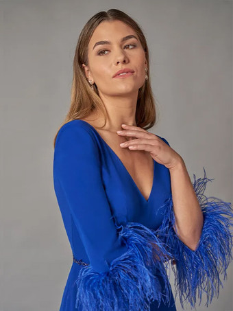 ブライダルマザードレス Vネック 3/4丈スリーブ ボールガウン フェザー フロアレングス ゲストドレス 結婚式用