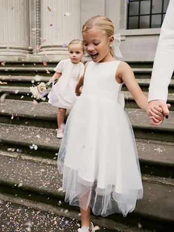 ホワイト ホワイトフラワーガールドレス アイボリーチュール ノースリーブ ジュエルネック フラワーガールドレス