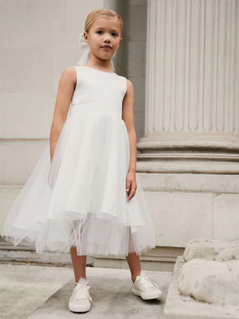 ホワイトフラワーガールドレス アイボリーチュール ノースリーブ ジュエルネック フラワーガールドレス