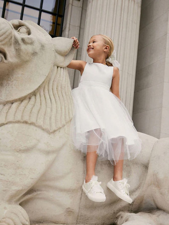 ホワイトフラワーガールドレス アイボリーチュール ノースリーブ ジュエルネック フラワーガールドレス