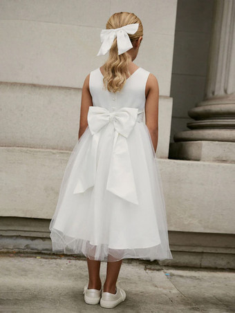 ホワイトフラワーガールドレス アイボリーチュール ノースリーブ ジュエルネック フラワーガールドレス