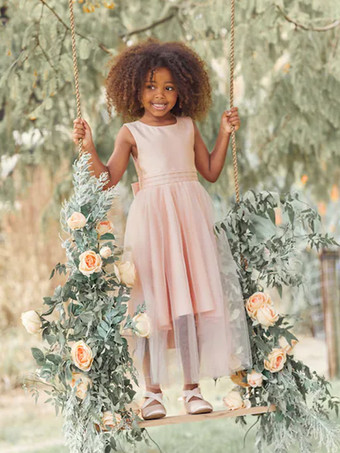 肌色ホワイトフラワーガールドレス アイボリーチュール ノースリーブ ジュエルネック フラワーガールドレス