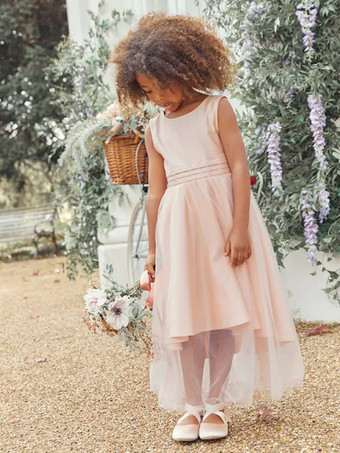 ホワイトフラワーガールドレス アイボリーチュール ノースリーブ ジュエルネック フラワーガールドレス