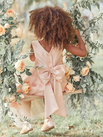 ホワイトフラワーガールドレス アイボリーチュール ノースリーブ ジュエルネック フラワーガールドレス