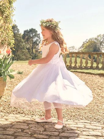 ホワイトフラワーガールドレス アイボリーチュール ノースリーブ ジュエルネック フラワーガールドレス