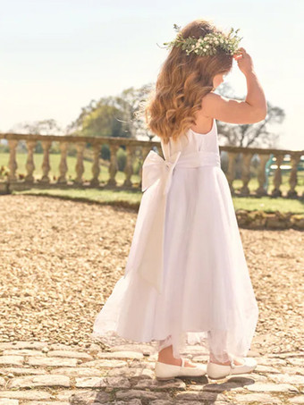 ホワイトフラワーガールドレス アイボリーチュール ノースリーブ ジュエルネック フラワーガールドレス