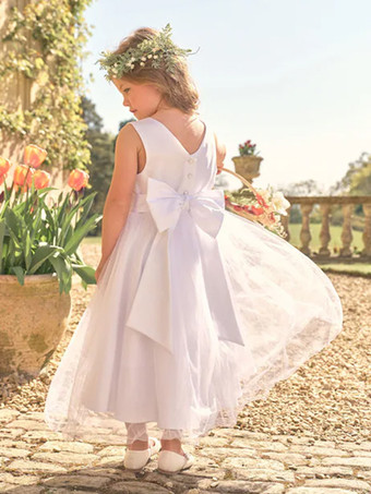 ホワイトフラワーガールドレス アイボリーチュール ノースリーブ ジュエルネック フラワーガールドレス