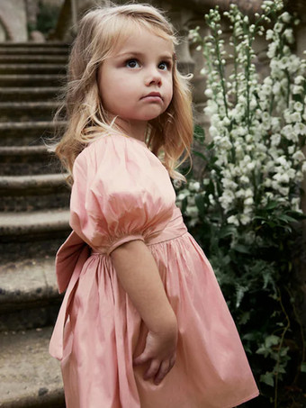 ウェディング フラワーガールドレス 特別な日のドレス ソフトピンク 半袖 リボン