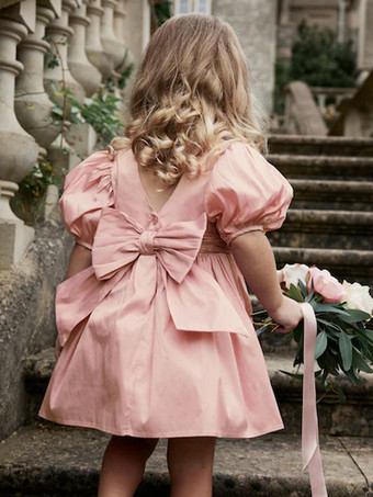 ウェディング フラワーガールドレス 特別な日のドレス ソフトピンク 半袖 リボン