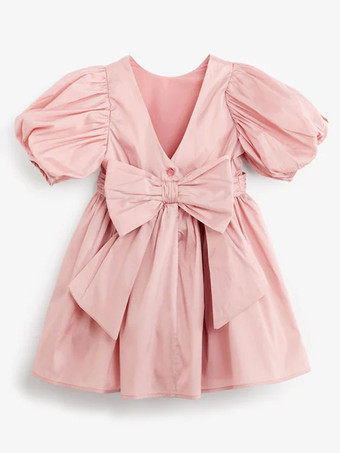 ウェディング フラワーガールドレス 特別な日のドレス ソフトピンク 半袖 リボン