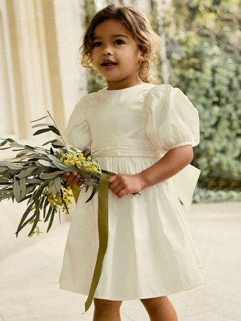 アイボリーウェディング フラワーガールドレス 特別な日のドレス ソフトピンク 半袖 リボン