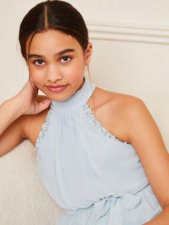 ウェディング フラワーガールドレス 特別な日のドレス ベビーブルー ノースリーブ スパンコール