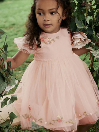 ウェディング フラワーガールドレス 特別な日のドレス ソフトピンク 半袖 刺繍入り