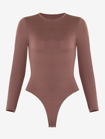 ブラウン ランジェリー シェイプウェア ヌード 1ピース 長袖 ジュエルネック ボディスーツ