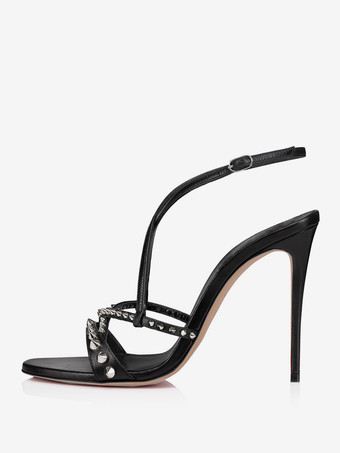 PUブラックハイヒールサンダル スタッド オープントゥ ストラップ パーティーシューズ レディース