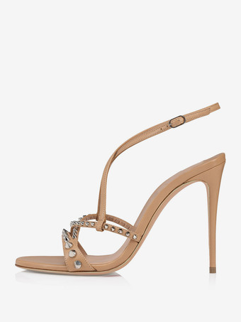 肌色ハイヒールサンダル スタッド オープントゥ ストラップ パーティーシューズ レディース