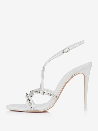 ホワイト ハイヒールサンダル スタッド オープントゥ ストラップ パーティーシューズ レディース