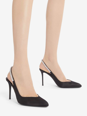 サテン パーティーシューズ スリングバック ラインストーン ハイヒール パンプス レディース