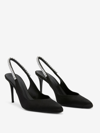 サテン パーティーシューズ スリングバック ラインストーン ハイヒール パンプス レディース