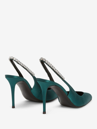 サテン パーティーシューズ スリングバック ラインストーン ハイヒール パンプス レディース