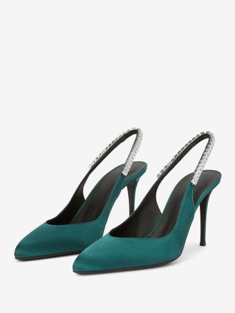 ティールグリーンサテン パーティーシューズ スリングバック ラインストーン ハイヒール パンプス レディース