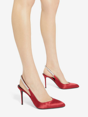 サテン パーティーシューズ スリングバック ラインストーン ハイヒール パンプス レディース