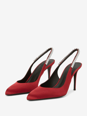 レッド サテン パーティーシューズ スリングバック ラインストーン ハイヒール パンプス レディース